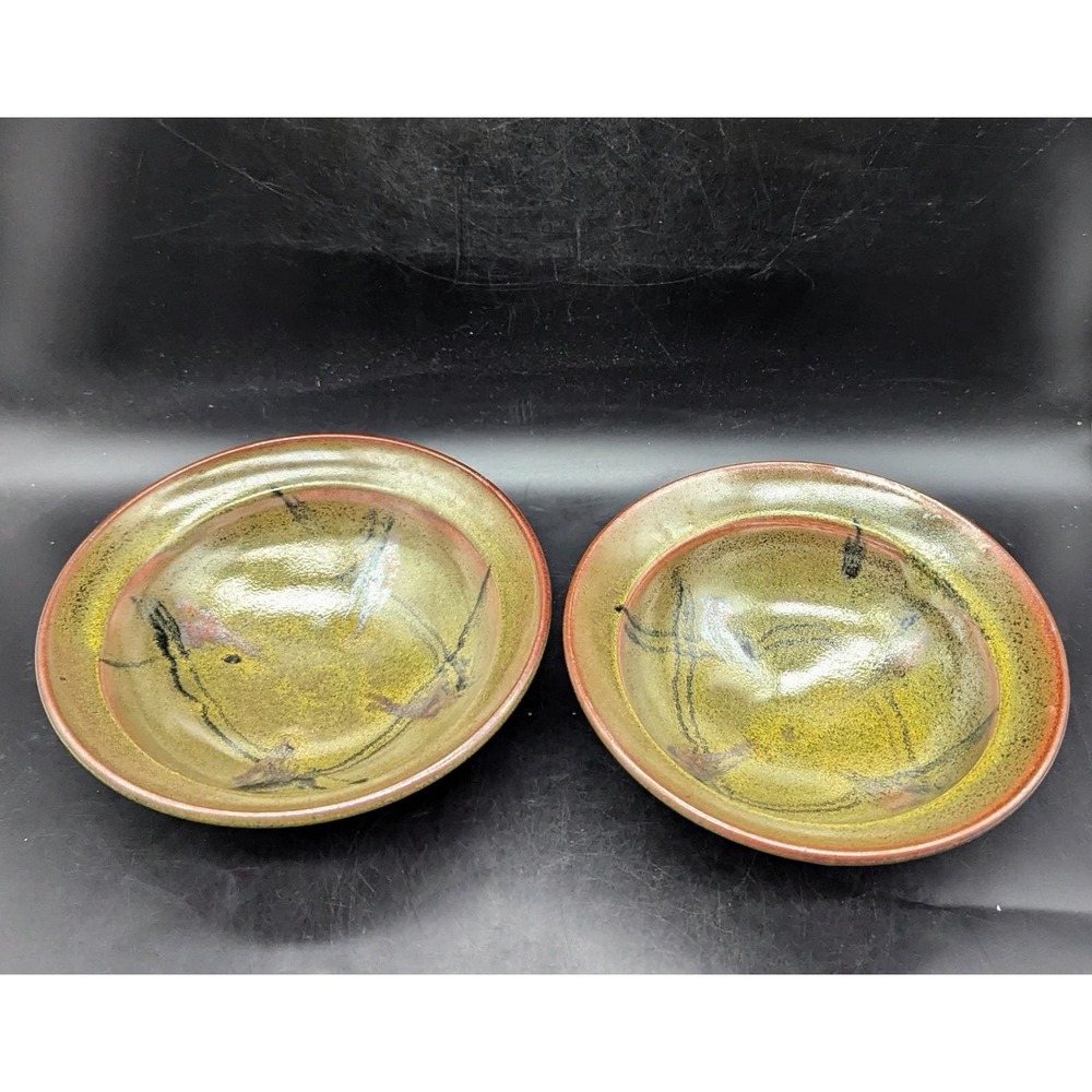Set/2 Vintage Studio Art Pottery Stoneware Soup Cereal Bowl 8" Olive Green